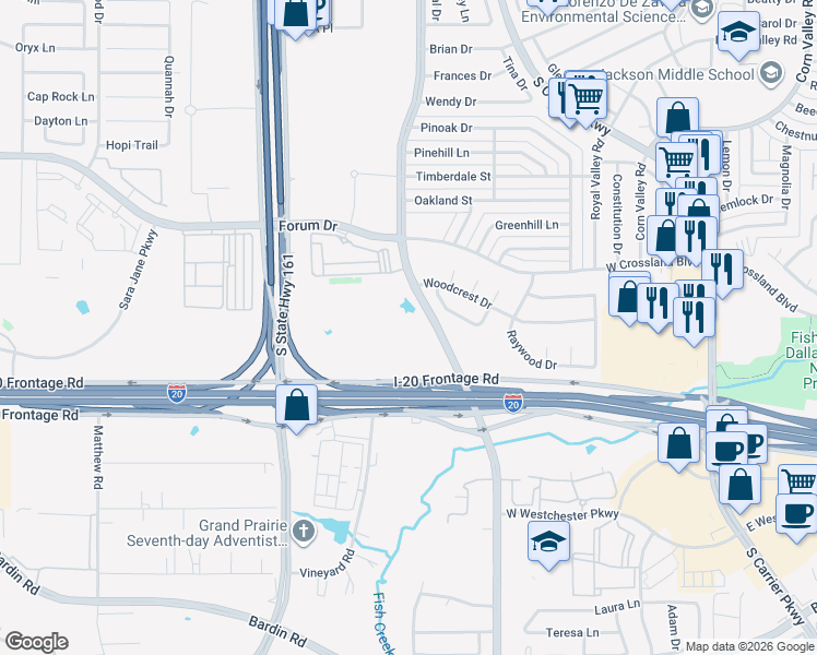 map of restaurants, bars, coffee shops, grocery stores, and more near 837 Woodhaven Lane in Grand Prairie