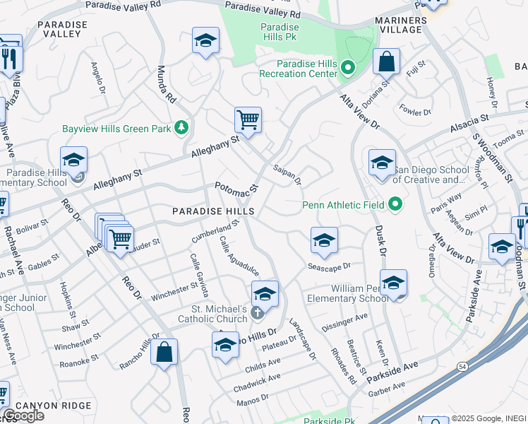 map of restaurants, bars, coffee shops, grocery stores, and more near 6259 Calle Pavana in San Diego