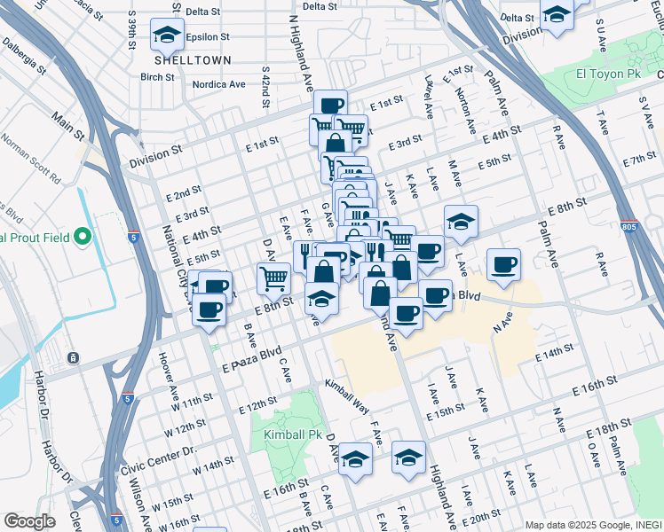 map of restaurants, bars, coffee shops, grocery stores, and more near 620 East 7th Street in National City