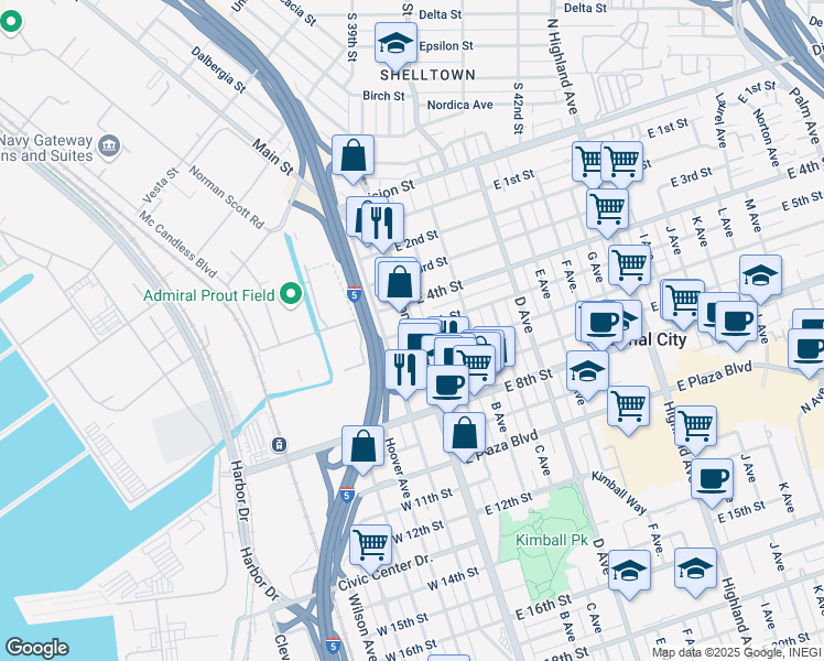 map of restaurants, bars, coffee shops, grocery stores, and more near W 5th St & E 5th St in National City