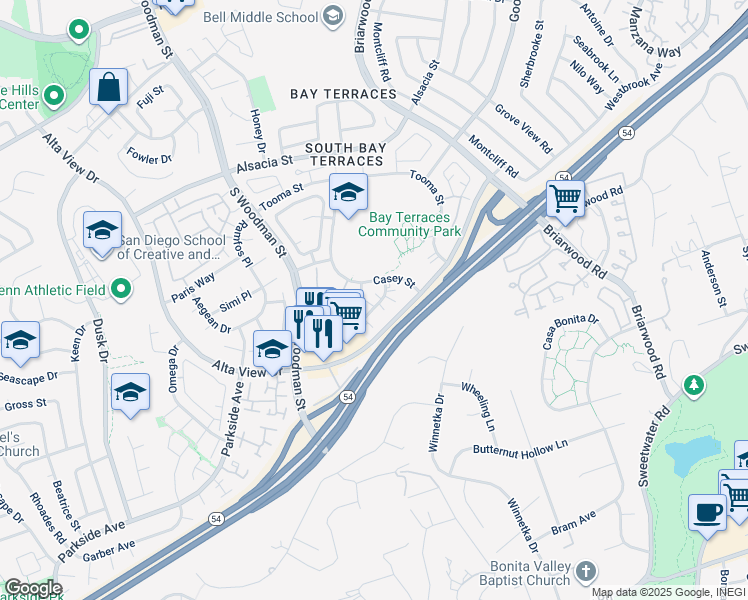 map of restaurants, bars, coffee shops, grocery stores, and more near 2742 Casey Street in San Diego