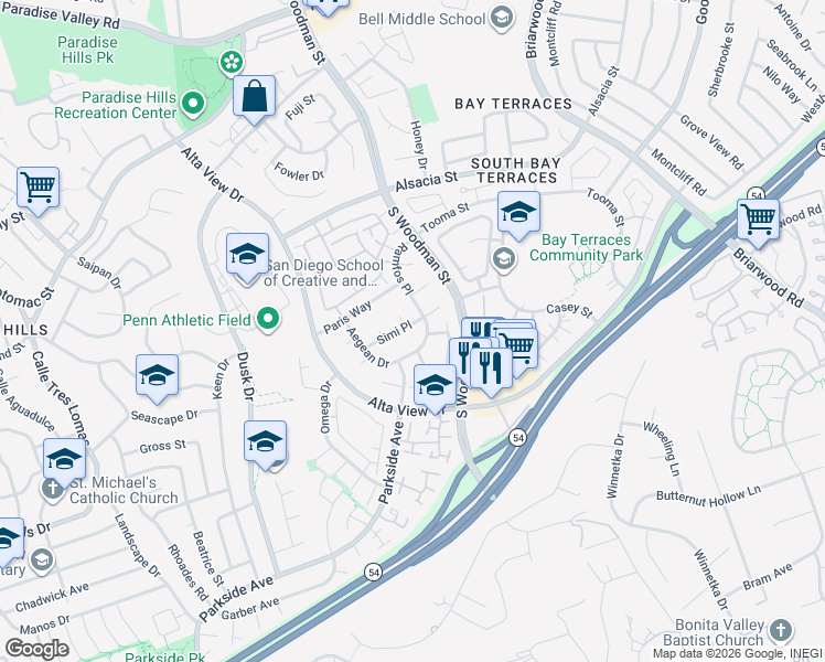 map of restaurants, bars, coffee shops, grocery stores, and more near 2656 Ramfos Place in San Diego