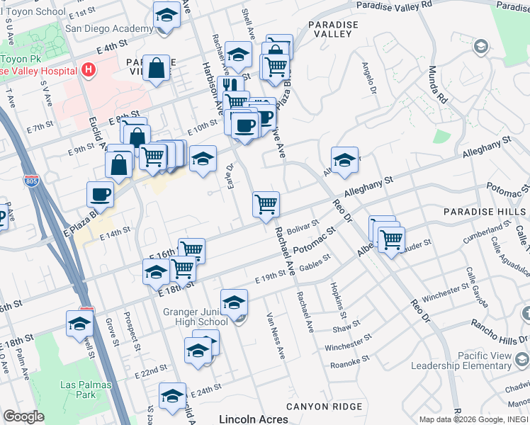 map of restaurants, bars, coffee shops, grocery stores, and more near 1429 South Harbison Avenue in San Diego