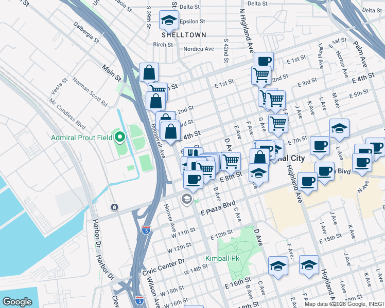 map of restaurants, bars, coffee shops, grocery stores, and more near 123 East 5th Street in National City