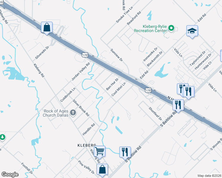 map of restaurants, bars, coffee shops, grocery stores, and more near 2034 Ben Hur Street in Dallas