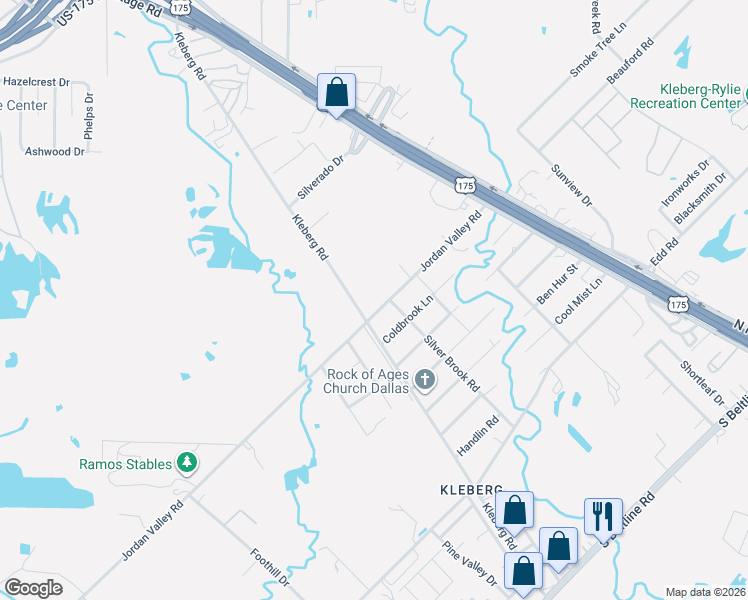 map of restaurants, bars, coffee shops, grocery stores, and more near 2241 Jordan Valley Road in Dallas