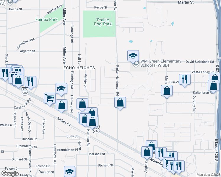 map of restaurants, bars, coffee shops, grocery stores, and more near 5400 Parker Henderson Road in Fort Worth