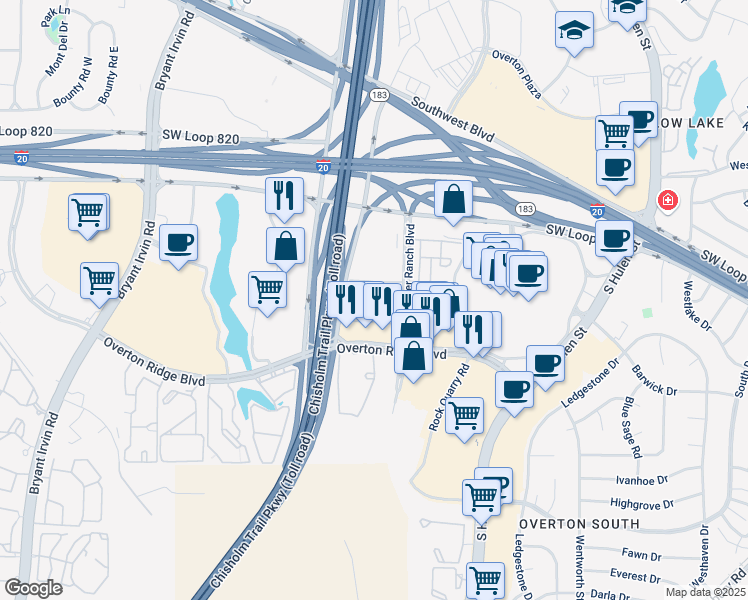 map of restaurants, bars, coffee shops, grocery stores, and more near 5213 Hunters Ridge in Fort Worth