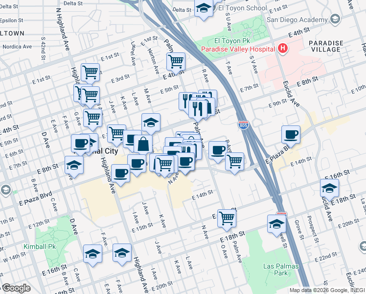 map of restaurants, bars, coffee shops, grocery stores, and more near 1446 East 8th Street in National City