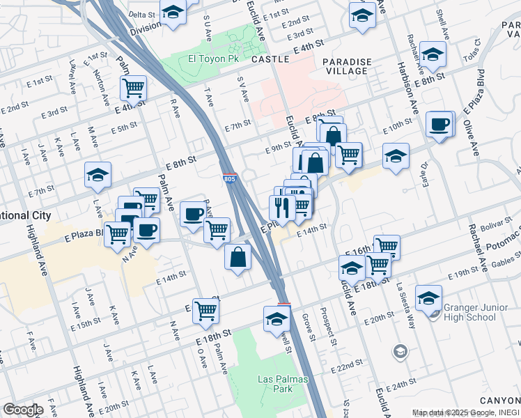 map of restaurants, bars, coffee shops, grocery stores, and more near 1042 Paradise Drive in National City