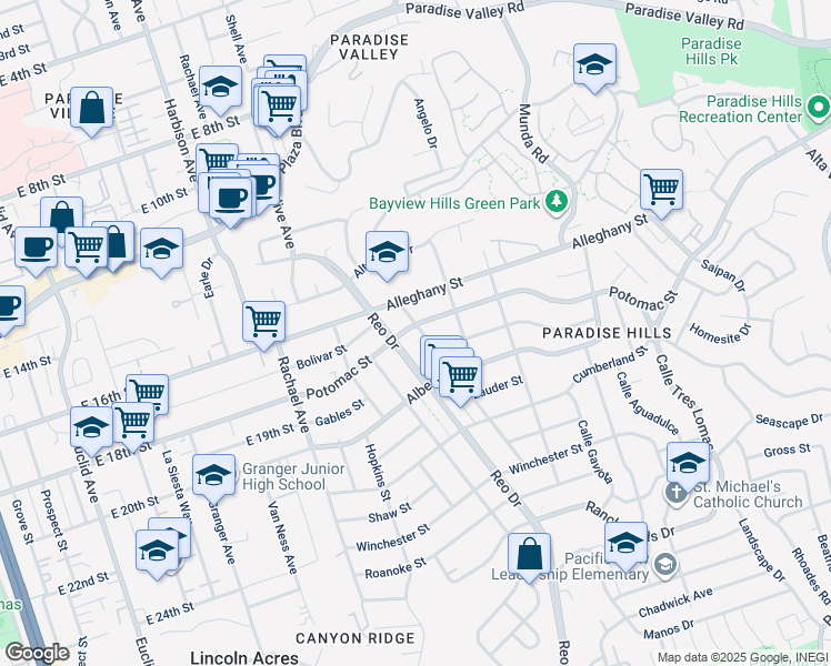 map of restaurants, bars, coffee shops, grocery stores, and more near 2206 Rancho Drive in San Diego