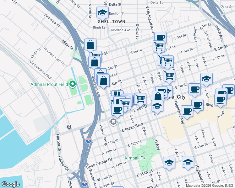 map of restaurants, bars, coffee shops, grocery stores, and more near 123 East 5th Street in National City