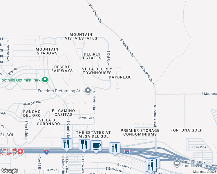 map of restaurants, bars, coffee shops, grocery stores, and more near 12559 East Del Rey Drive in Yuma