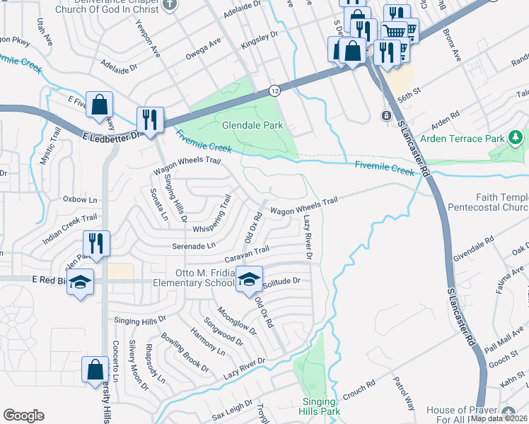 map of restaurants, bars, coffee shops, grocery stores, and more near 1617 Wagon Wheels Trail in Dallas