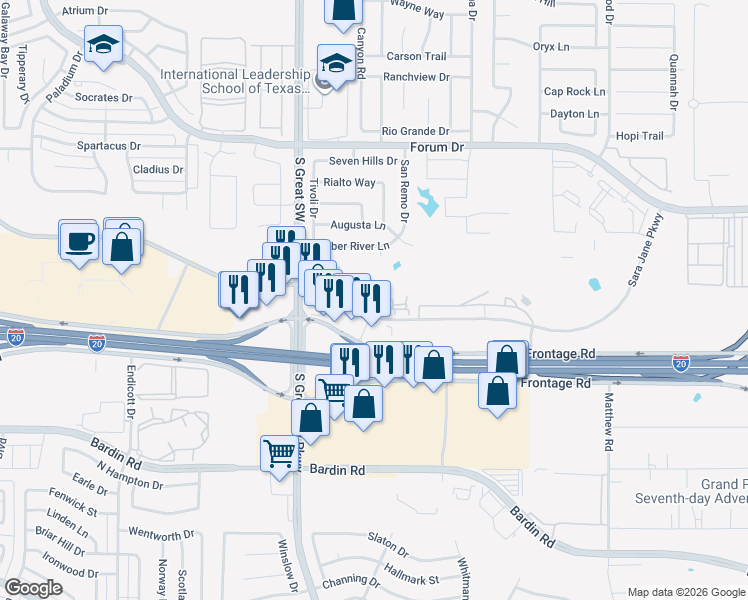 map of restaurants, bars, coffee shops, grocery stores, and more near 2530 Sara Jane Parkway in Grand Prairie