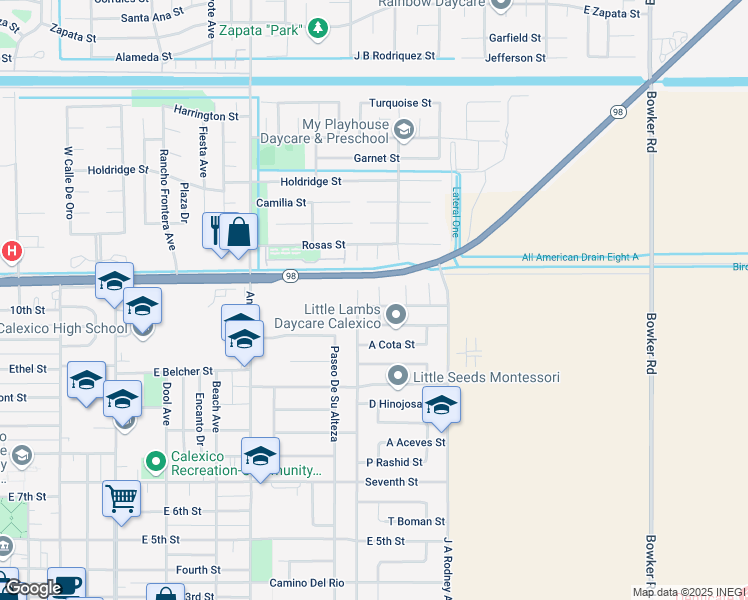 map of restaurants, bars, coffee shops, grocery stores, and more near 972 G Anaya Ave in Calexico