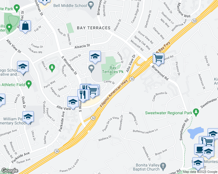 map of restaurants, bars, coffee shops, grocery stores, and more near 2890 Casey Street in San Diego
