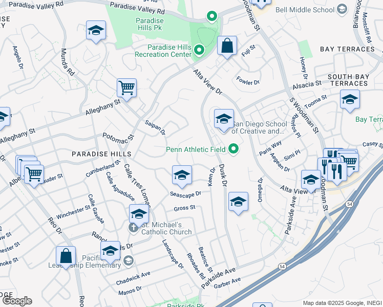 map of restaurants, bars, coffee shops, grocery stores, and more near 2429 Bali Cove in San Diego