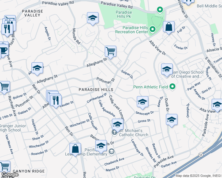 map of restaurants, bars, coffee shops, grocery stores, and more near 6220 Cumberland Street in San Diego