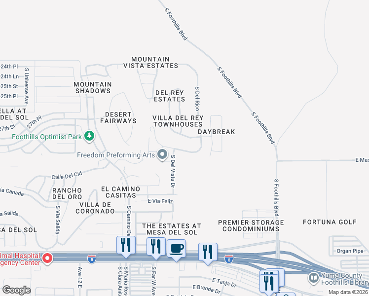 map of restaurants, bars, coffee shops, grocery stores, and more near 12501 East Del Rey Drive in Yuma