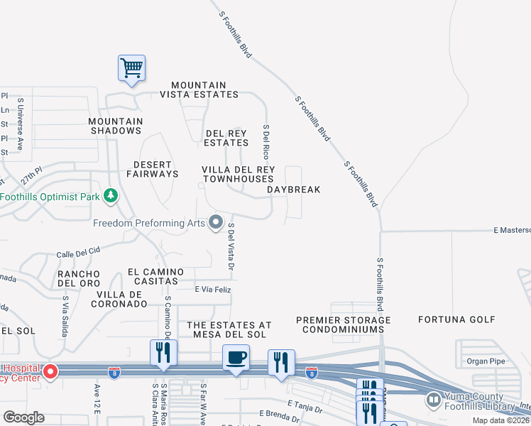 map of restaurants, bars, coffee shops, grocery stores, and more near 12559 East Del Rey Drive in Yuma