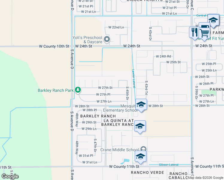 map of restaurants, bars, coffee shops, grocery stores, and more near 4667 West 27th Street in Yuma