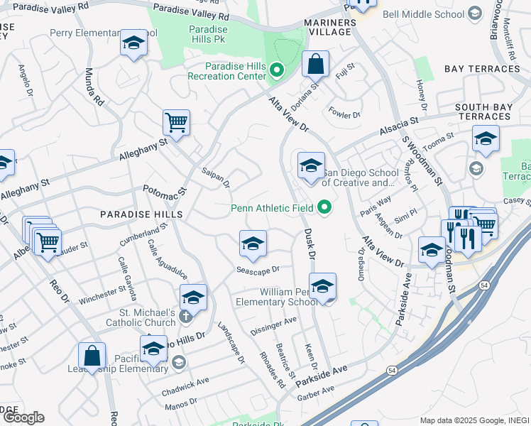 map of restaurants, bars, coffee shops, grocery stores, and more near 2429 Bali Cove in San Diego
