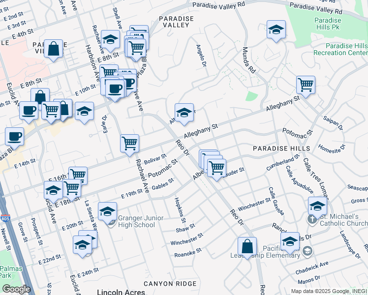 map of restaurants, bars, coffee shops, grocery stores, and more near 2105 Reo Drive in San Diego