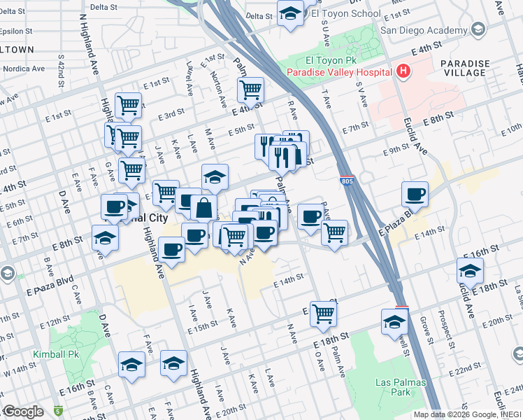 map of restaurants, bars, coffee shops, grocery stores, and more near 1446 East 8th Street in National City