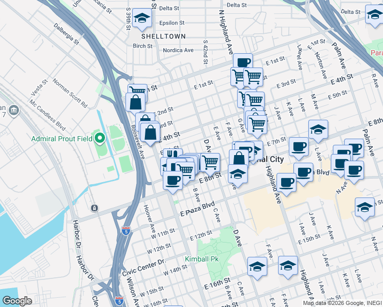 map of restaurants, bars, coffee shops, grocery stores, and more near 504 C Avenue in National City