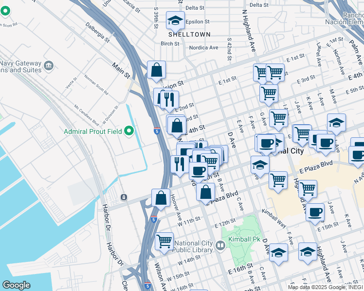 map of restaurants, bars, coffee shops, grocery stores, and more near 421 National City Boulevard in National City