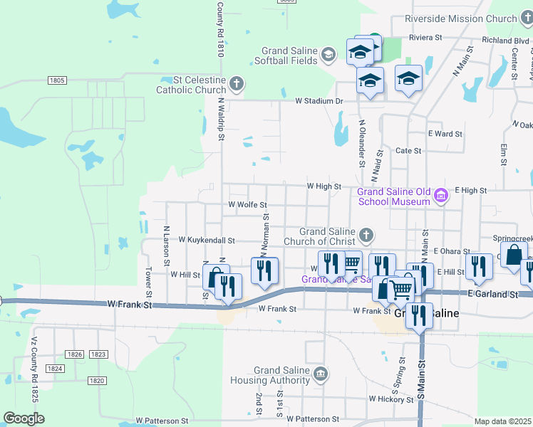map of restaurants, bars, coffee shops, grocery stores, and more near 905 West Wolfe Street in Grand Saline