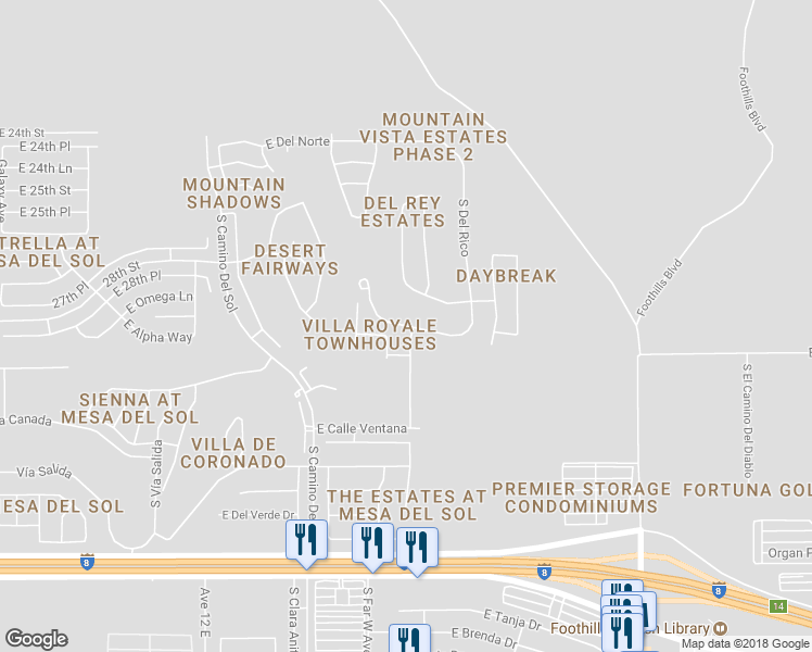 map of restaurants, bars, coffee shops, grocery stores, and more near 12398 East Del Rico in Yuma