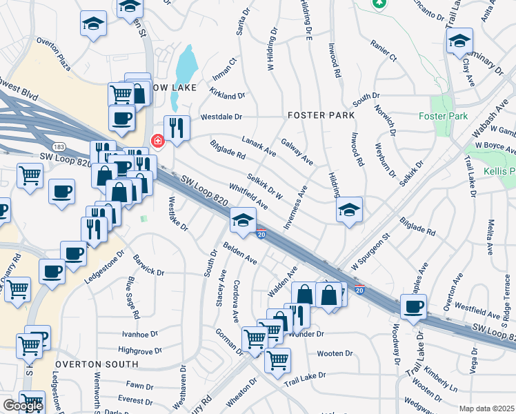 map of restaurants, bars, coffee shops, grocery stores, and more near 4237 Whitfield Avenue in Fort Worth
