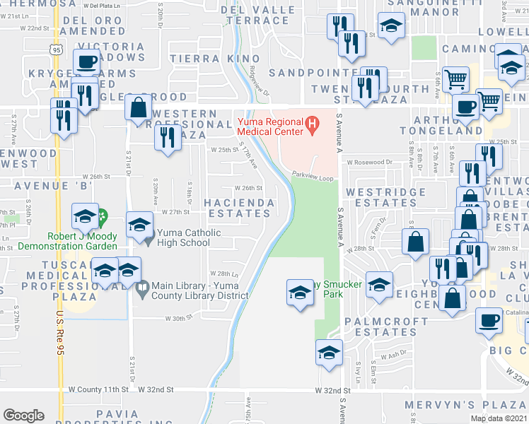 map of restaurants, bars, coffee shops, grocery stores, and more near 1701 West 27th Street in Yuma
