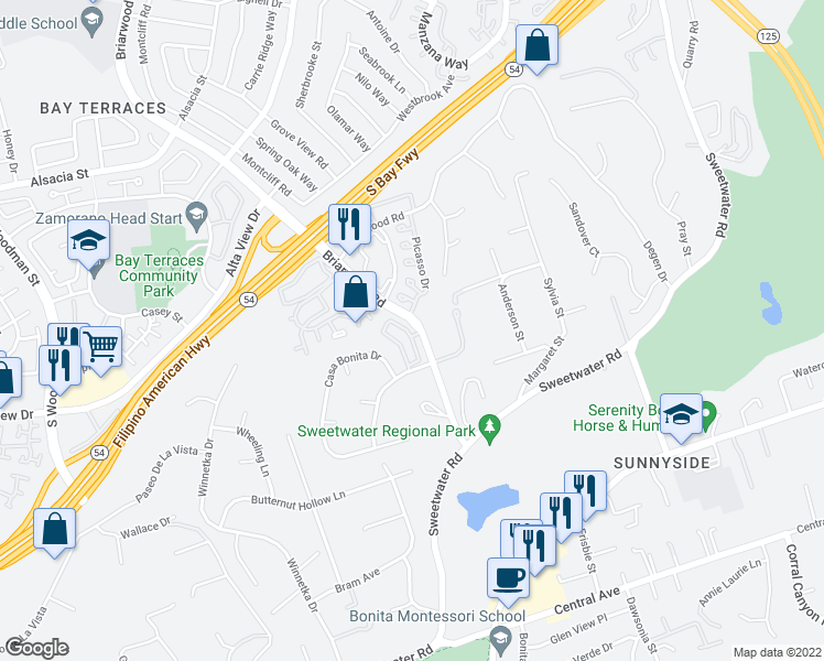 map of restaurants, bars, coffee shops, grocery stores, and more near 2904 Saddlewood Drive in Bonita