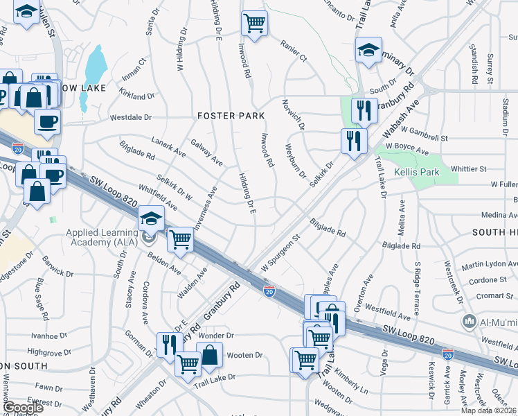 map of restaurants, bars, coffee shops, grocery stores, and more near 4633 Hildring Drive East in Fort Worth
