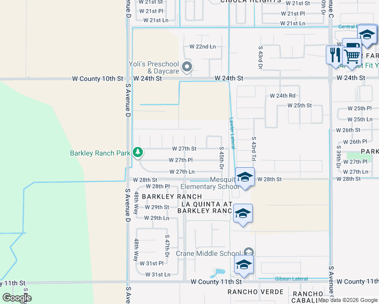 map of restaurants, bars, coffee shops, grocery stores, and more near 4667 West 27th Street in Yuma