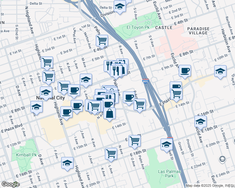 map of restaurants, bars, coffee shops, grocery stores, and more near 1006 Palm Avenue in National City