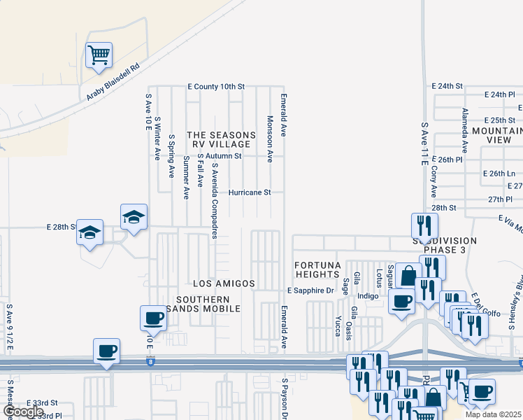 map of restaurants, bars, coffee shops, grocery stores, and more near 10436 South Tornado Avenue in Yuma