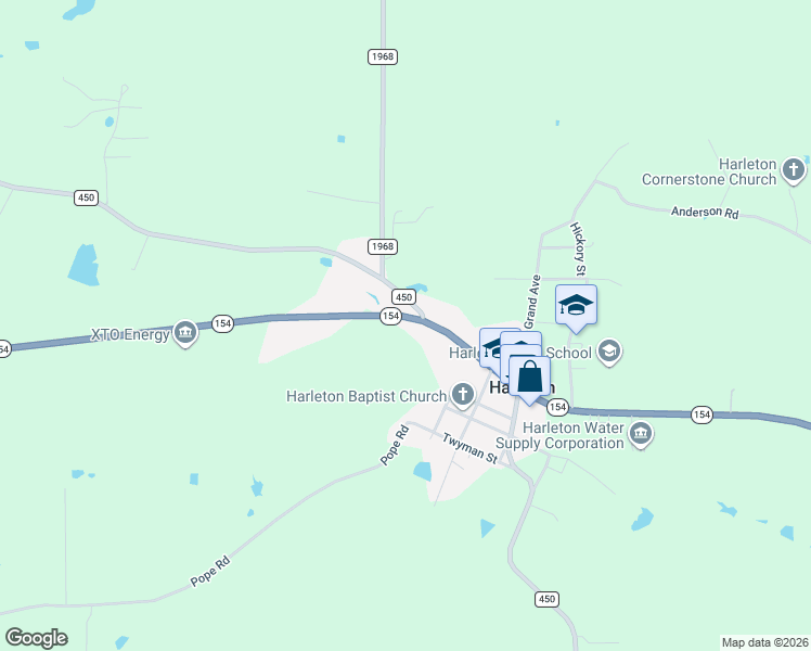 map of restaurants, bars, coffee shops, grocery stores, and more near 17525 Texas 154 in Harleton