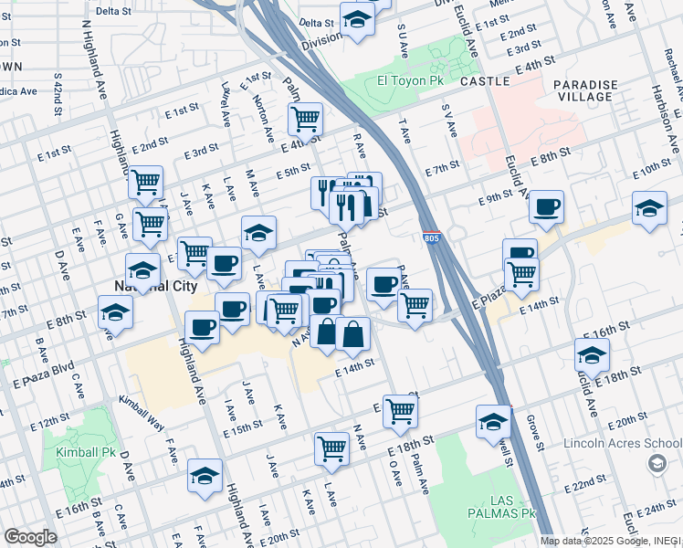 map of restaurants, bars, coffee shops, grocery stores, and more near 1513 Palm View Way in National City