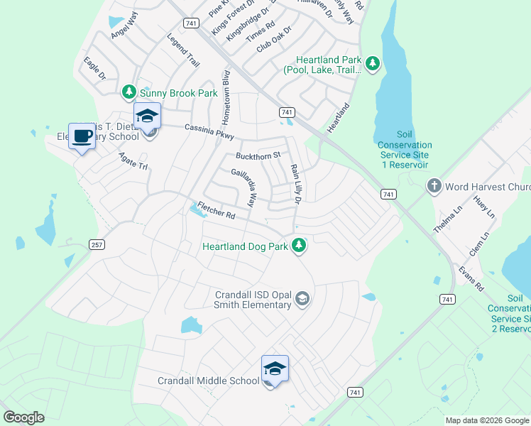 map of restaurants, bars, coffee shops, grocery stores, and more near 3021 Rosemount Lane in Crandall