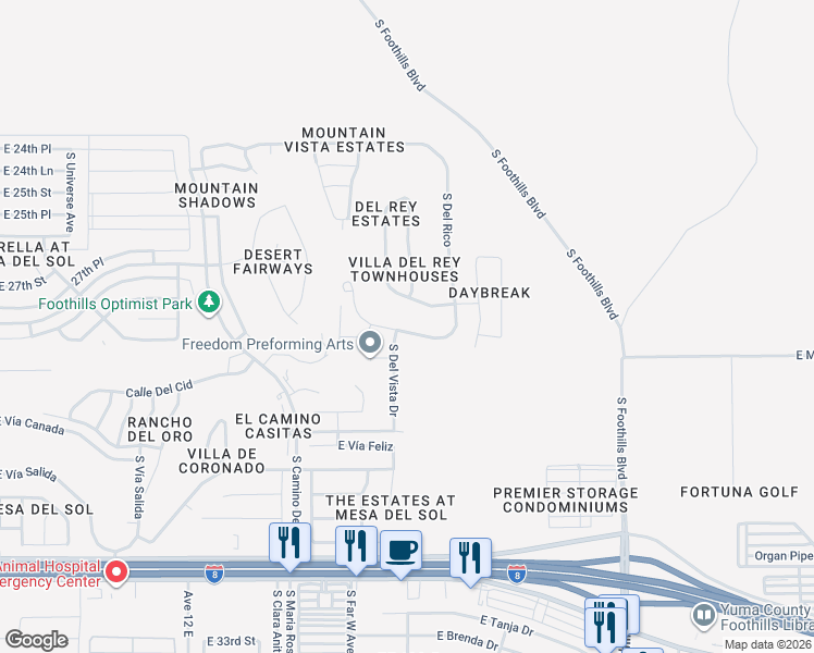 map of restaurants, bars, coffee shops, grocery stores, and more near 12501 East Del Rey Drive in Yuma