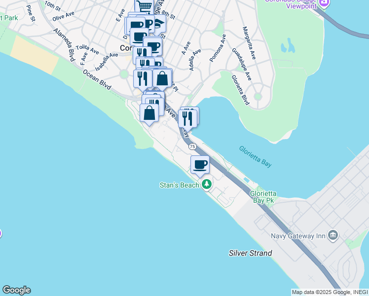 map of restaurants, bars, coffee shops, grocery stores, and more near 220 Bayshore Bikeway (Silver Strand Bikeway) in Coronado