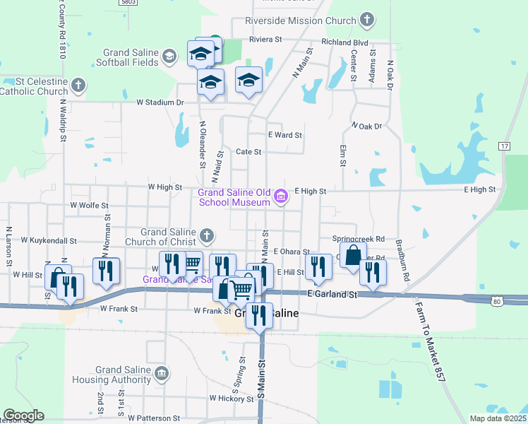 map of restaurants, bars, coffee shops, grocery stores, and more near 101-199 Redbud Lane in Grand Saline