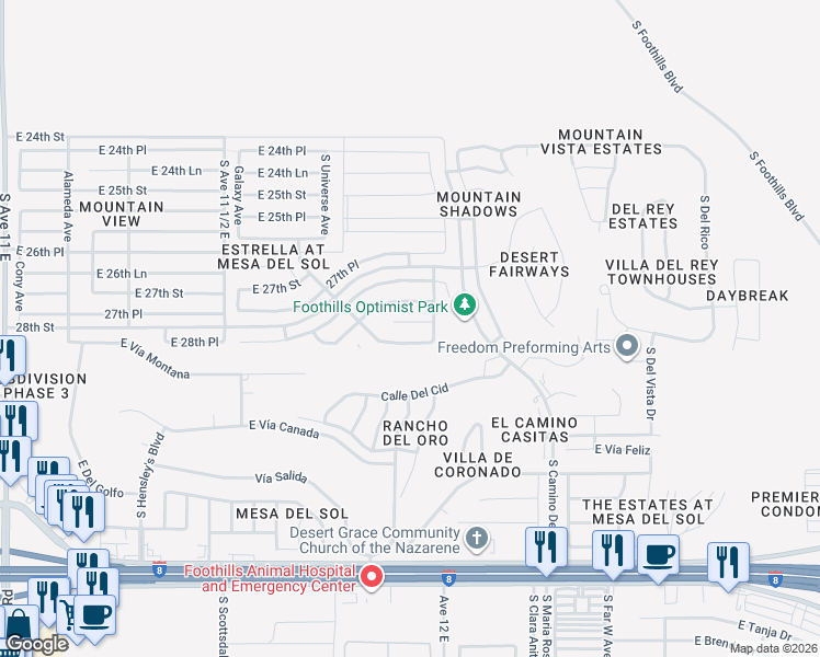 map of restaurants, bars, coffee shops, grocery stores, and more near 11812 Eclipse Court in Yuma