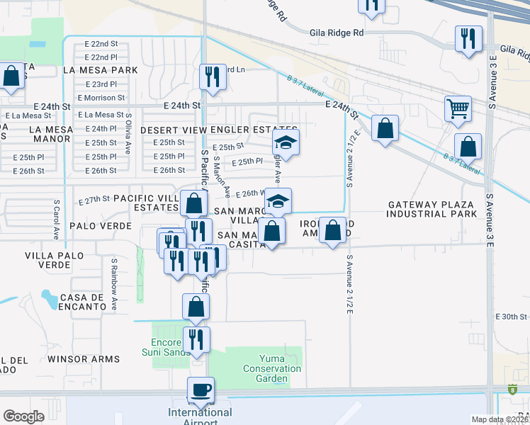 map of restaurants, bars, coffee shops, grocery stores, and more near 2250 East 27th Street in Yuma