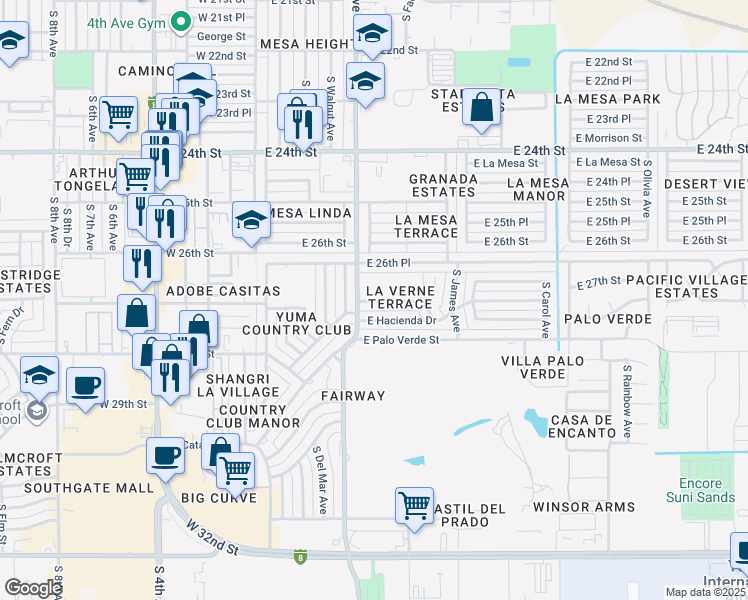 map of restaurants, bars, coffee shops, grocery stores, and more near 2727 South Arizona Avenue in Yuma