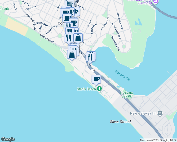 map of restaurants, bars, coffee shops, grocery stores, and more near 220 Bayshore Bikeway (Silver Strand Bikeway) in Coronado